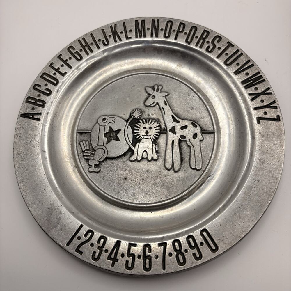 Pewtarex Plate Baby ABC Alphabet Number Animals 7" USA Vintage Scratches
